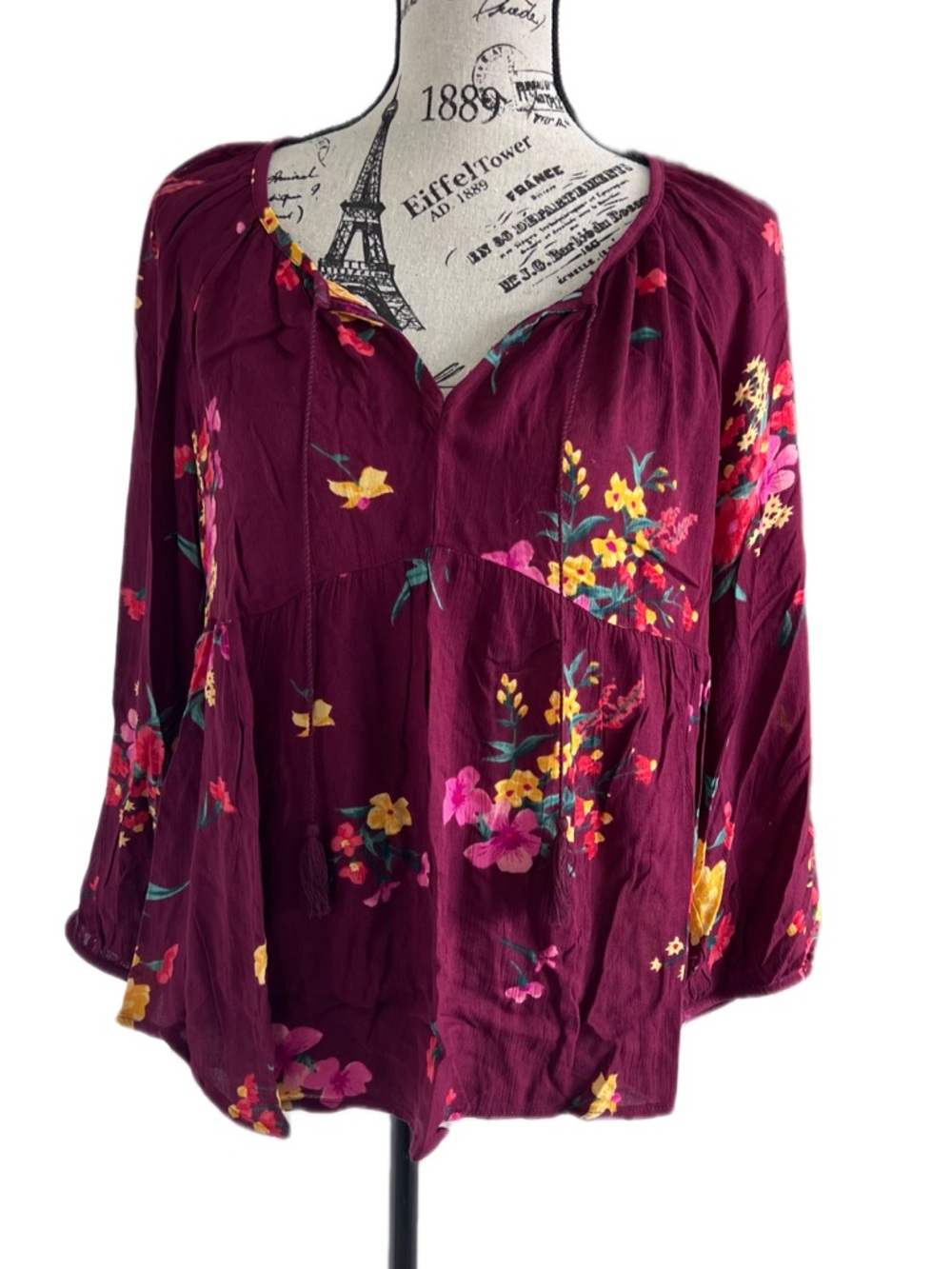 Old Navy Wine Floral Peasant Blouse Size Large Petite